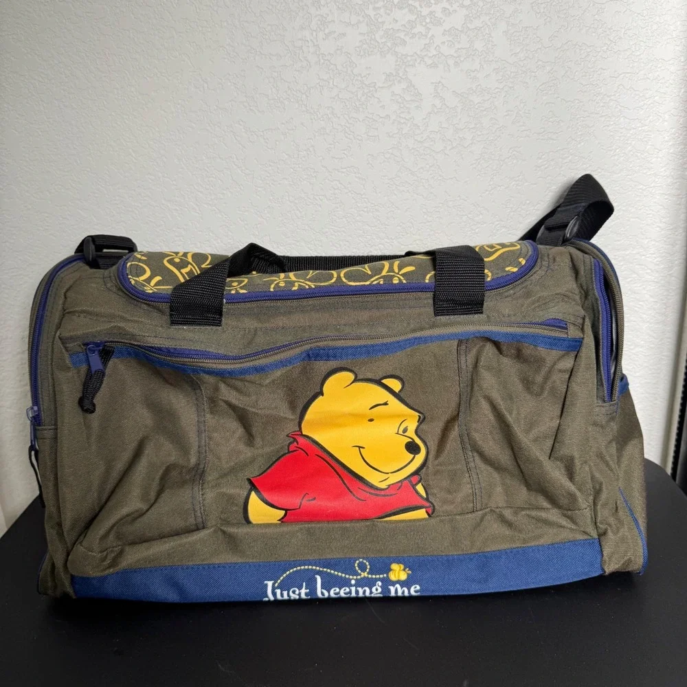 VINTAGE Disney Pooh Duffel Bag Unisex Large Olive Green Winnie The Pooh Graphic
